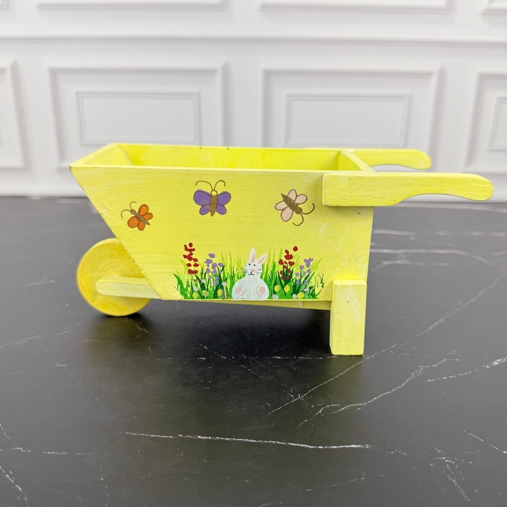 VTG Hand Painted Yellow Wheelbarrow Planter Bunny Floral Butterfly Cottagecore!
